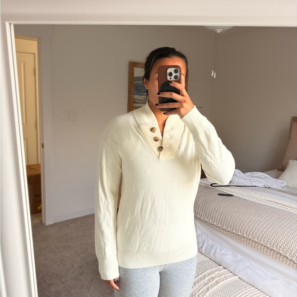Tommy John Cream Button-Front Waffle Knit Turtleneck Sweater